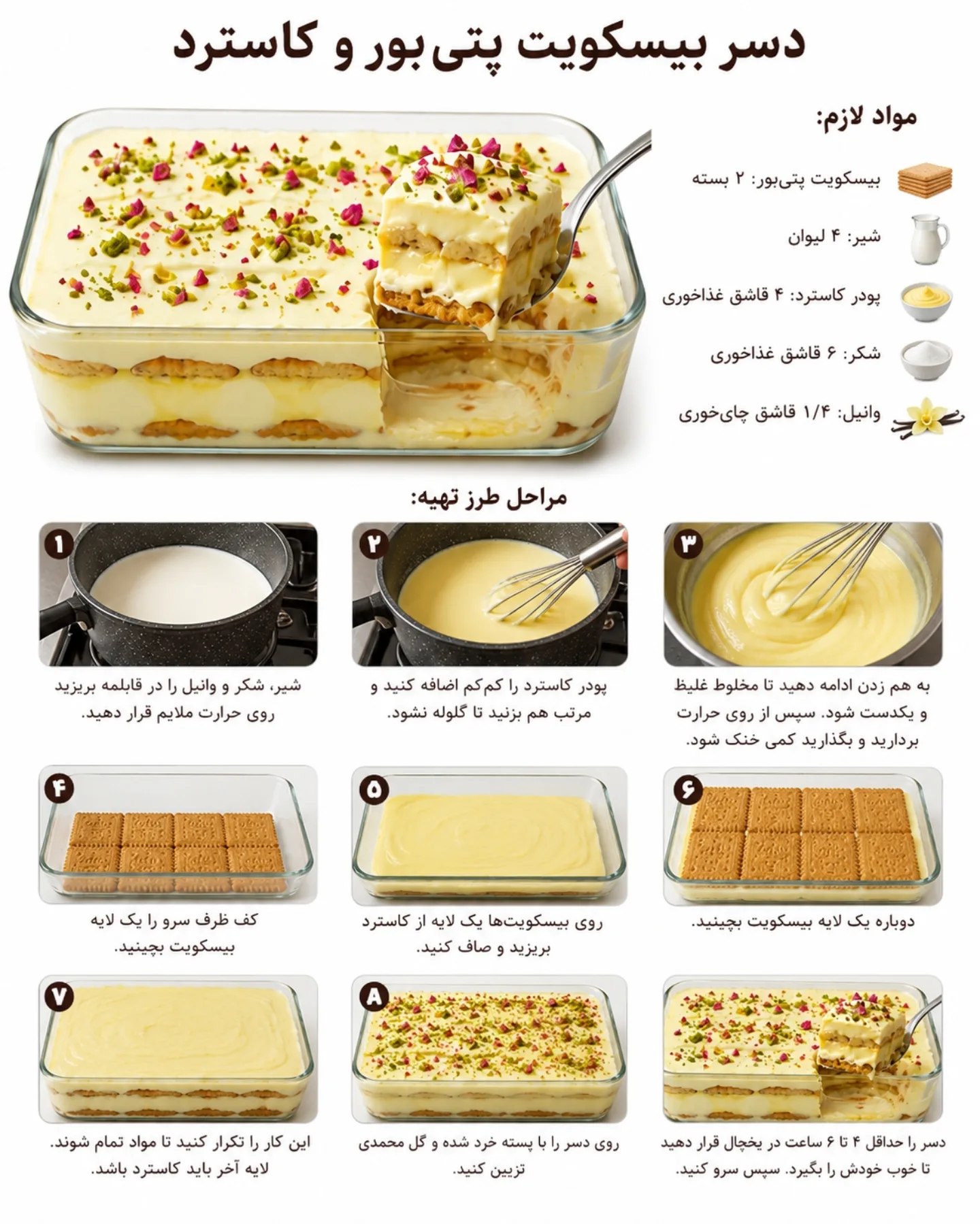 طرز تهیه دسر بیسکویت و کاسترد با پتی بور