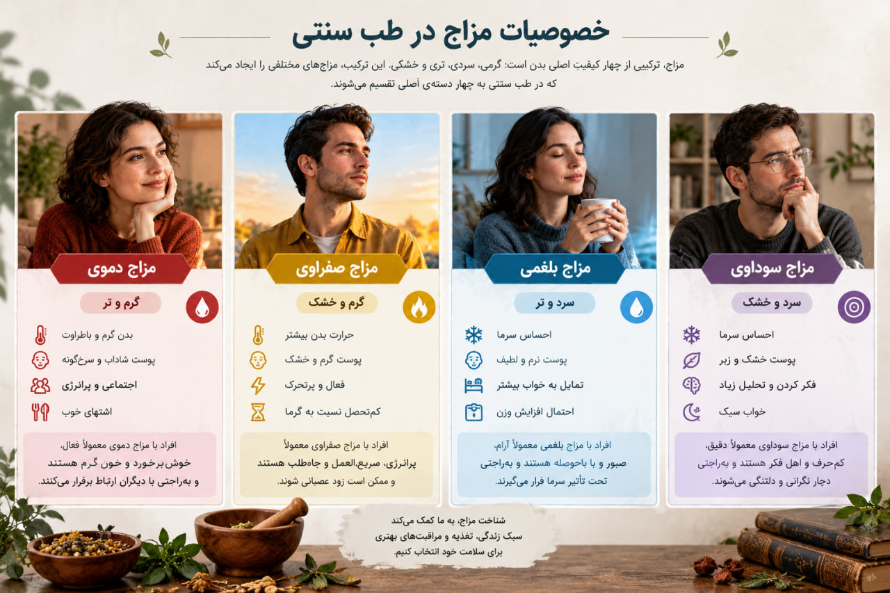 خصوصیات مزاج در طب سنتی؛ ویژگی ۴ مزاج اصلی
